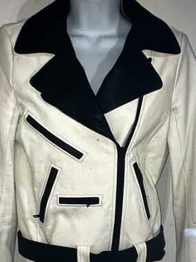 ALC white leather biker moto jacket with Black trim